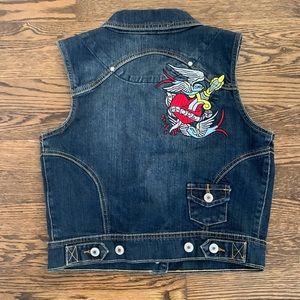 Soho jean sleeveless vest, embroided,  size small